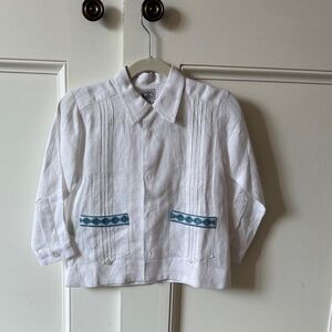 Hand made Mexican White Kids Button Down Shirt with Blue Details